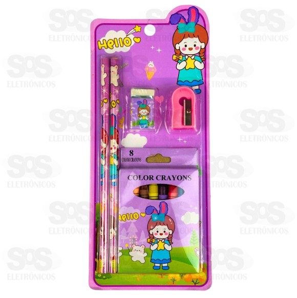 Kit Escolar 12 Peças Com Giz De Cera Polibrinq SCB65