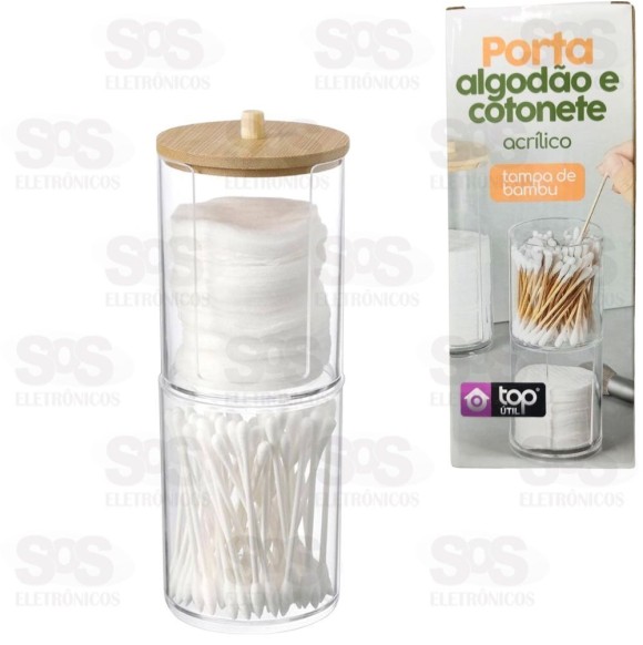 Porta Cotonete e Algodão Duplo Tampa de Bambu Top Útil 1458