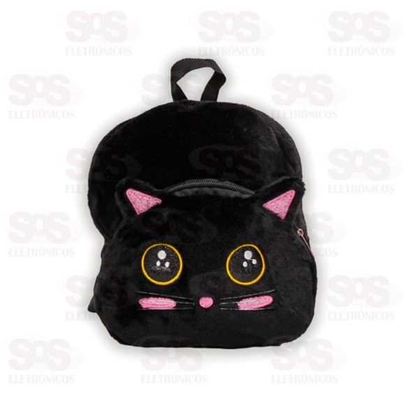 Mini Mochila Escolar Pelúcia Gatinho Preto Polibrinq SCB116