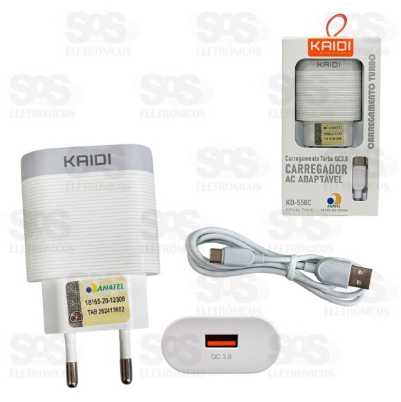 Carregador Turbo USB QC3.0 18W Cabo Type C Kaidi KD-550C